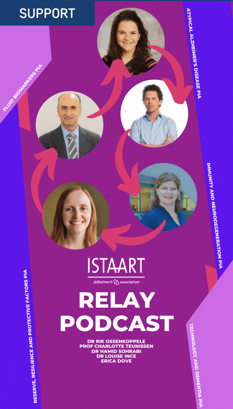 Relay Podcast out late July with Dr Rik Ossenkoppele Fluid Biomarkers PIA Professor Charlotte Teunissen Atypical Alzheimer's Disease PIA Dr Hamid Sohrabi Reserve, Resilience and Protective Factors PIA Dr Louise Ince Immunity and Neurodegeneration PIA Erica Dove Technology and Dementia PIA