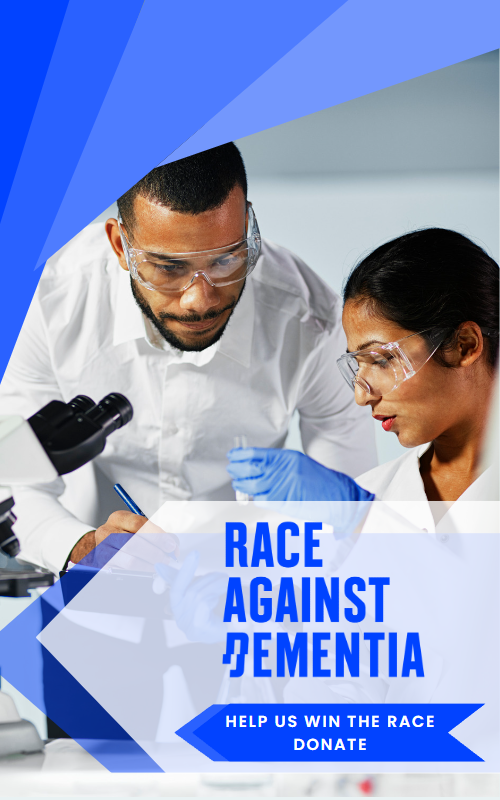 Race Against Dementia Donation Link with a picture of two scientists