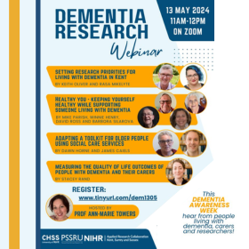 The image is a promotional poster for a Dementia Research Webinar scheduled for 13 May 2024, from 11 AM to 12 PM, accessible via Zoom. The poster is in a bright, eye-catching colour scheme of yellow and blue, with white text that stands out for readability. The event appears to be held during Dementia Awareness Week. The webinar will cover various topics: "Setting Research Priorities for Living with Dementia in Kent" presented by Keith Oliver and Rasa Mikelyte. "Healthy You - Keeping Yourself Healthy While Supporting Someone Living with Dementia" by Mike Parish, Winnie Henry, David Ross, and Barbora Silarova. "Adapting a Toolkit for Older People Using Social Care Services" by Dawn Horne and James Cailes. "Measuring the Quality of Life Outcomes of People with Dementia and Their Carers" by Stacey Rand. The event is hosted by Prof Ann-Marie Towers. The poster encourages interested individuals to register at a provided TinyURL link. There are images of nine individuals who are likely the speakers or organizers of the event, arrayed in a friendly and approachable manner. The poster also includes logos from CHSS, PSSRU, NIHR, and Applied Research Collaboration Kent, Surrey and Sussex, indicating the organising or sponsoring institutions. The bottom of the poster emphasises the opportunity to hear from people living with dementia, carers, and researchers. The overall design is professional, informative, and seems aimed at engaging a wide audience, including those living with dementia, their carers, and professionals in the field.
