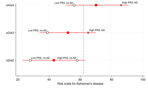 The image is a graph depicting the risk scale for Alzheimer's disease among individuals with different Apolipoprotein E (ApoE) genotypes and varying levels of polygenic risk scores (PRS). The graph is organized with the y-axis indicating three genotypes: e4/e4 at the top, e3/e3 in the middle, and e2/e2 at the bottom. The x-axis shows the risk scale for Alzheimer's disease ranging from 20 to 100. For each genotype, two points are marked on the risk scale: A circle ("O") represents individuals with a low PRS who do not develop Alzheimer's disease (AD). A cross ("X") represents individuals with a high PRS, indicating the onset of AD. The e4/e4 genotype line shows individuals with low PRS not developing AD, and those with high PRS developing AD, indicating a high baseline risk. The e3/e3 genotype line also shows individuals with low PRS not developing AD, but those with high PRS do, suggesting a moderate baseline risk. The e2/e2 genotype line shows that neither individuals with low nor high PRS develop AD, indicating a low baseline risk for this genotype. This graph illustrates how the baseline risk attributed to the ApoE genotype can influence the effect of other genetic risk factors, like the PRS, on the development of Alzheimer's disease.