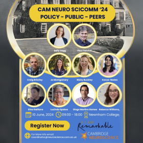 Promotional poster for the "CAM Neuro SciComm '24" event. The poster includes images of eight speakers with their names: Sally Inigo, Paul Fincham, Craig Horley, Jo Montgomery, Nicky Buckley, Kenya Nosibo, Eliza Quirione, Lucinda Spinks, Diogo Martins Coelho, and Rebecca Williams. The event is scheduled for 10 June 2024, 9:00 AM to 6:00 PM at Newnham College, Cambridge. Text encourages to register and provides an email for contact. The poster has a background image of a gray stone building, suggestive of a college at Cambridge University. The poster's main colors are yellow and blue, highlighting the event's themes: policy, public, and peers.