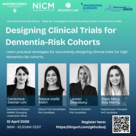 Promotional poster for a live interactive workshop titled “Designing Clinical Trials for Dementia Risk Cohorts.” The background is a teal gradient with logos along the top from Western Sydney University, NICM Health Research Institute, Headbox Lab, Universitätsklinikum Jena, and Baltic German University Liaison Office. Large central text highlights the workshop title, followed by a short description: practical strategies for designing clinical trials for high dementia risk cohorts. A banner notes it is ideal for investigators planning early phase or prevention trials. Four speaker headshots appear in a row: Genevieve Steiner Lim, Najwa Joelle Metri, Lauren Dewsbury, and Rose Mery Bou Merhy, each with their name and role underneath. Event details at the bottom state: 10 April 2026, 9:00 to 10:30 AM CEST. A registration link and QR code are shown on the lower right.