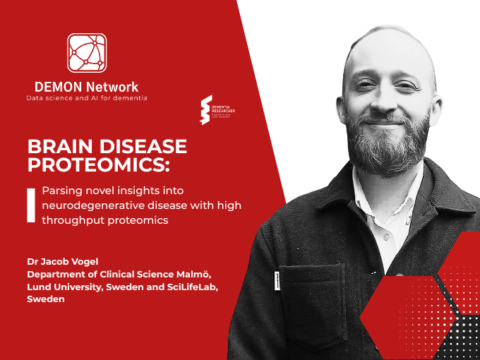 A promotional graphic for a dementia research webinar featuring Dr Jacob Vogel. The left side has a bold red background with white text reading “Brain Disease Proteomics” and a subtitle about insights into neurodegenerative disease using high throughput proteomics. It includes DEMON Network and Dementia Researcher logos, and Dr Vogel’s affiliation with Lund University and SciLifeLab. The right side shows a black and white portrait of Dr Vogel smiling, wearing a dark jacket, against a light background with geometric red design elements.