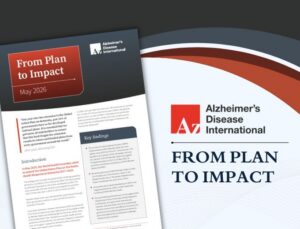 Cover of a report titled 'From Plan to Impact' by Alzheimer's Disease International, with a red logo block and curved blue background, May 2026 mentioned on the page side.