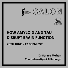 Poster for a dementia research talk: 'How Amyloid and Tau Disrupt Brain Function' on 26 June, 12:00 BST, by Dr Soraya Meftah, University of Edinburgh.