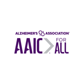 Alzheimer's Association AAIC for All logo in purple with a gray arrow graphic