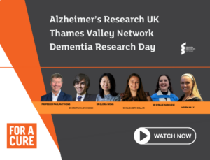Promotional graphic for the Alzheimer’s Research UK Thames Valley Network Dementia Research Day playlist. The design has a dark grey background with orange and white geometric panels. Large white text reads “Alzheimer’s Research UK Thames Valley Network Dementia Research Day”. Below are headshots of Professor Paul Matthews, Dr Kristijan Jovanoski, Dr Gloria Wong, Dr Elizabeth Dellar, Dr Sybille Marchese and Helen Jolly. The Dementia Researcher logo appears near the top right, a For A Cure logo appears bottom left, and a “Watch Now” button with a play icon appears bottom right.