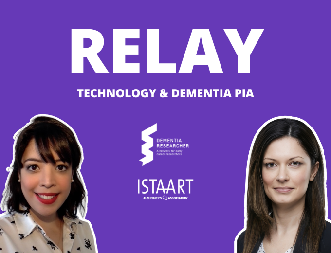 Promotional banner for RELAY: Technology & Dementia PIA, featuring two speaker headshots on the sides with center logos.