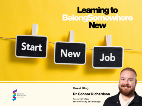 Blog header: three chalkboard signs spell 'Start', 'New', 'Job' on a yellow background with the title 'Learning to Belong Somewhere New' and Dr. Connor Richardson's photo on the right.