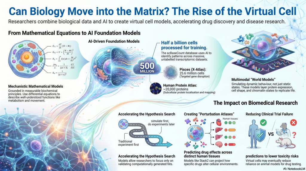 Infographic about AI-driven virtual cell models transforming biology research, with scenes of cells, data networks, and layered'world models'.