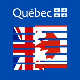 Québec branding on a blue background: the word 'Québec' with four fleur-de-lis shields and a stylized red-and-white flag motif overlaying a blue field.