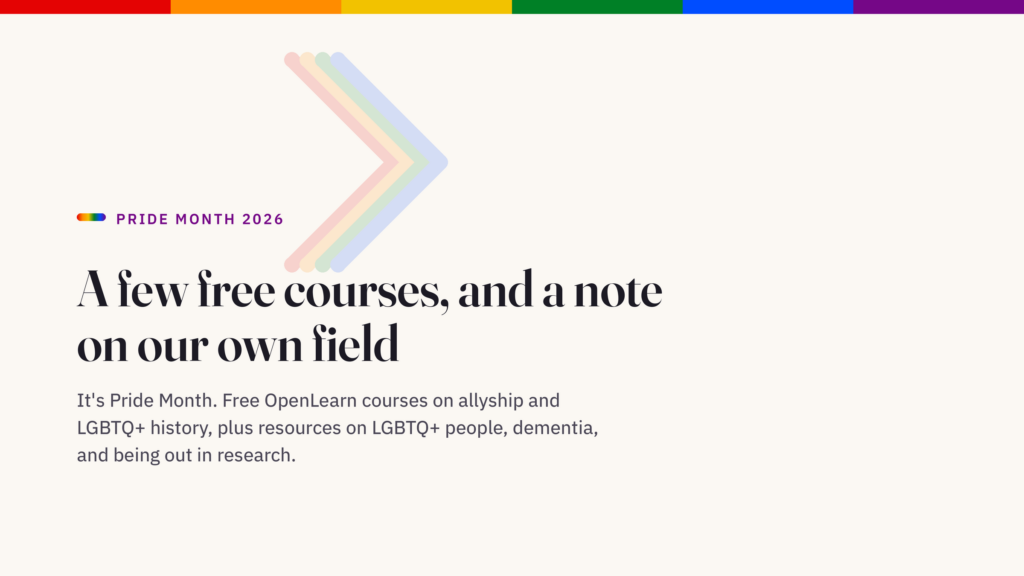 Pride Month 2026 banner with pastel chevron arrows and headline about free courses and open field study in a light background.