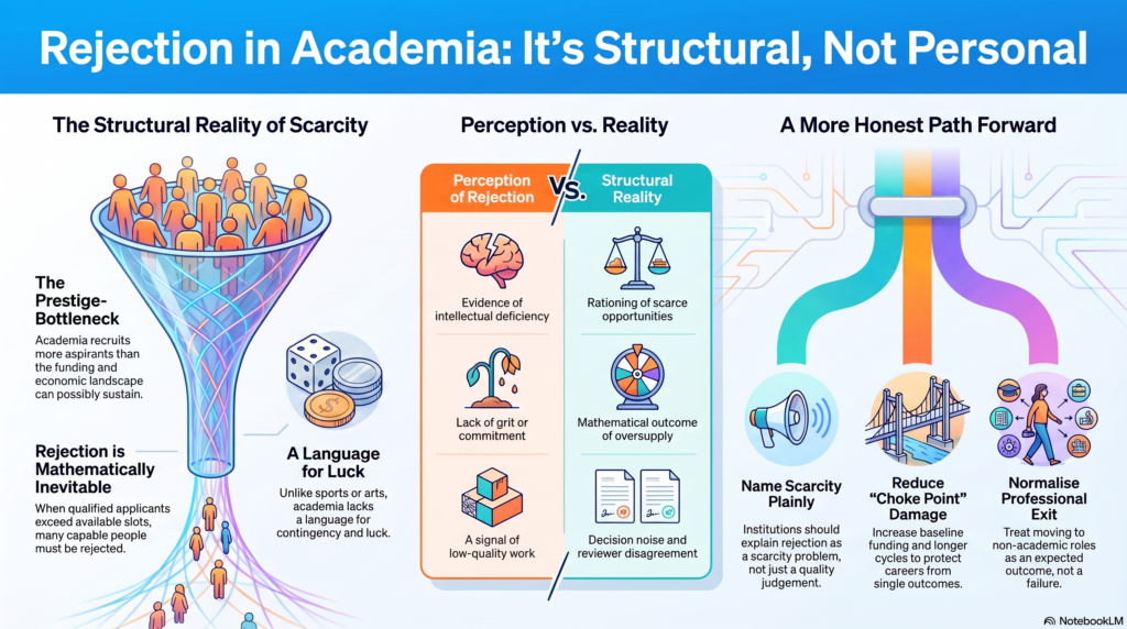 Academic_Rejection__Structural_Not_Personal Infographic: Rejection in academia is structural, not personal, showing a funnel of applicants and a path forward.