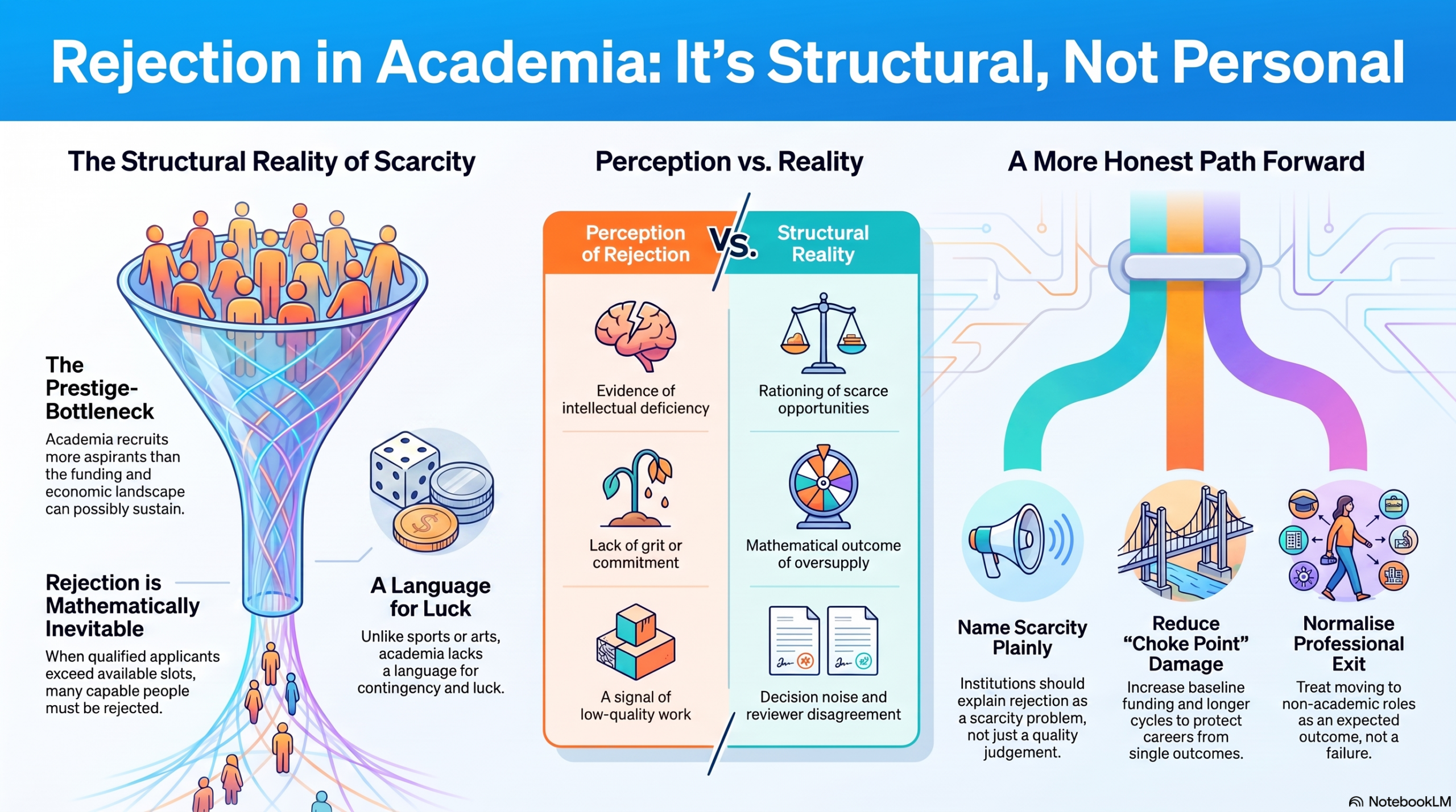 Infographic: Rejection in academia is structural, not personal, showing a funnel of applicants and a path forward.