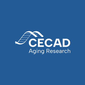 CECAD Aging Research logo: white text on a blue background with a stylized double-helix swoosh.