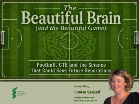 Blog header on a green football pitch with the title 'The Beautiful Brain (and the Beautiful Game): Football, CTE and the Science That Could Save Future Generations' and a photo of Louise Serpell in the bottom-right corner.