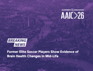 Former Elite Soccer Players Show Evidence of Brain Health Changes in Mid-Life - DEMENTIA RESEARCHER Breaking News: Former elite soccer players show brain health changes in mid-life, AAIC 26 branding in a purple cityscape background.