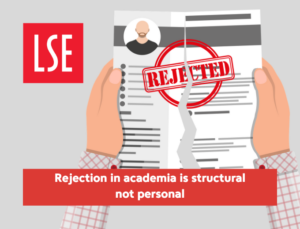 Hands holding torn documents with a red 'REJECTED' stamp; LSE logo shown, conveying that academic rejection is structural, not personal.
