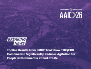 Breaking News banner over a purple cityscape; headline says Libby trial shows THC/CBD reduces agitation in dementia patients at end of life.