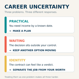 Three-panel infographic explaining the practical, waiting and identity problems associated with academic career uncertainty, alongside a suggested response to each.