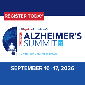 Banner for Us Against Alzheimer's National Alzheimer's Summit 2026 showing 'Register Today', 'A Virtual Experience', and dates September 16–17, 2026 (Sept 16–17, 2026).