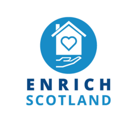 ENRICH Scotland Logo - DEMENTIA RESEARCHER Enrich Scotland logo: blue circle with a white house, heart, and hand, and the text ENRICH SCOTLAND below.