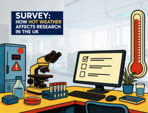 Feeling the heat new survey on how hot weather affects research Cover graphic for a survey on how hot weather affects research activities in UK labs and institutions