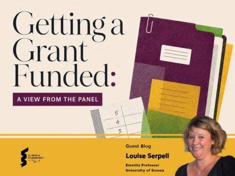 Illustrated graphic titled "Getting a Grant Funded: A View from the Panel", subtitled "A View from the Panel", showing a stylised stack of folders and a notepad with numbers 5, 4, 3, alongside a photo of guest blogger Louise Serpell, Emerita Professor, University of Sussex, on the Dementia Researcher website.