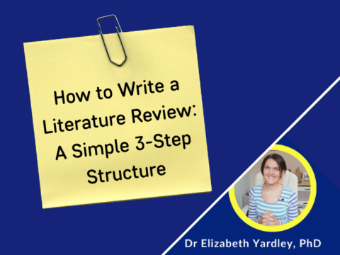 Thumbnail: yellow sticky note on a blue background reading 'How to Write a Literature Review: A Simple 3-Step Structure'; circular photo of a smiling woman.