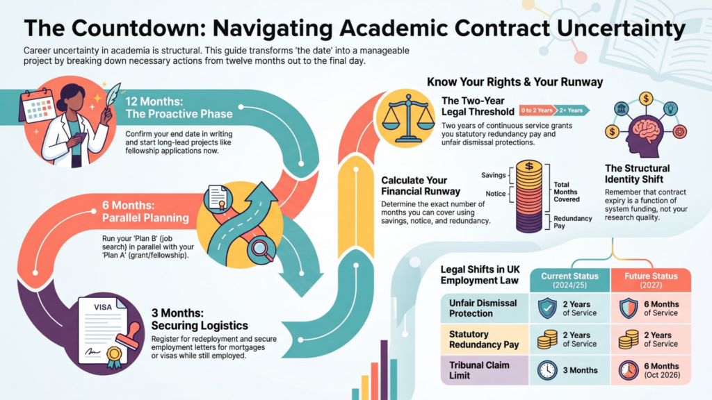 Infographic titled “The Countdown: Navigating Academic Contract Uncertainty”. A timeline advises confirming the end date and starting fellowship applications 12 months before expiry, running job and funding plans in parallel at six months, and arranging redeployment, employment letters and visa or mortgage paperwork at three months. It also covers the two-year legal threshold, calculating financial runway, separating contract expiry from personal research quality, and planned changes to UK employment law.