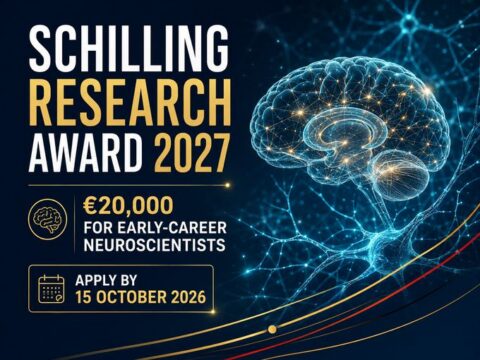 Schilling Research Award 2027 announcement with €20,000 for early-career neuroscientists and the apply-by date (15 October 2026), beside a glowing brain graphic.