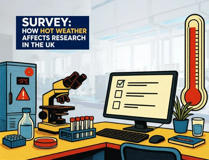 Survey How Hot Weather Affects Research in the UK Lab bench with a microscope, test tubes, and a computer displaying a checklist; a thermometer and a banner read: 'SURVEY: How hot weather affects research in the UK.'