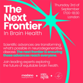 Promotional poster for 'The Next Frontier in Brain Health' event with date and London venue on a bright pink background with teal accents.
