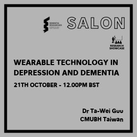Poster advertising a talk titled ‘Wearable Technology in Depression and Dementia,’ 21 October at 12:00 BST, by Dr Ta-Wei Guo from CMUHB Taiwan.