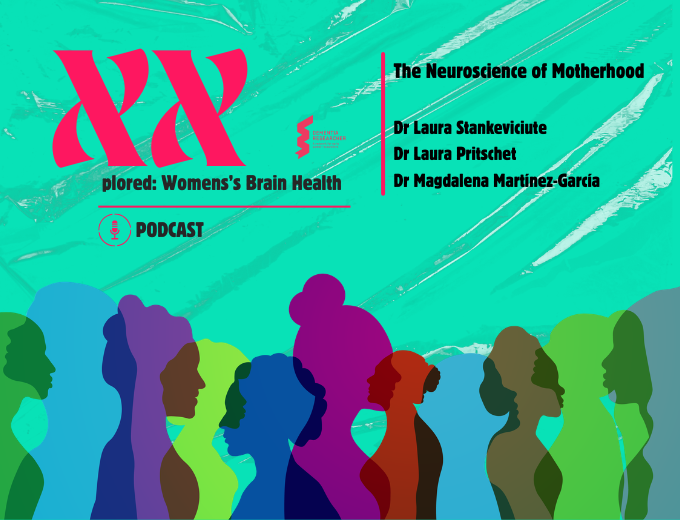 Podcast cover for 'Explored: Women's Brain Health' with a turquoise background and colorful silhouettes of women; title 'The Neuroscience of Motherhood' and host names listed on the right.