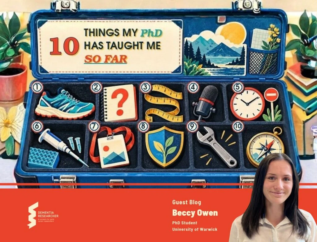 Blog banner for Dr Becky Carlyle on how not to lose the plot when a postdoc leaves your lab, with a lab scene and her portrait in the corner.