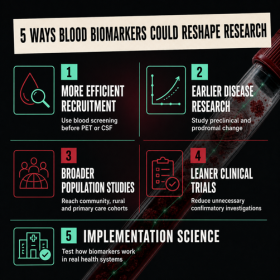 5 ways blood based biomarkers could change research Square infographic on a black and burgundy background with mint and red details and a diagonal blood-sample tube. It presents five ways blood biomarkers could reshape research: more efficient recruitment, earlier disease research, broader population studies, leaner clinical trials and increased implementation science.
