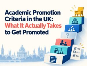 Infographic explaining UK academic promotion criteria; stacked colorful steps with icons and a chair on top, skyline background.
