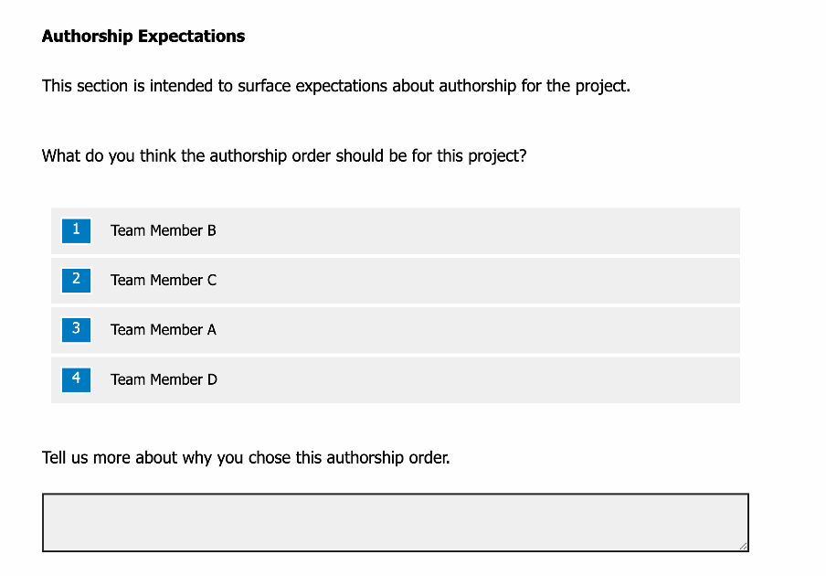 Authorship-TRACE Screenshot of the TRACE form asking an author what contribution they made to the research project