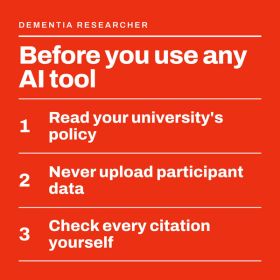 Before you use any AI tool Red poster:'Before you use any AI tool' outlining three rules: read policy, don’t upload data, check citations.