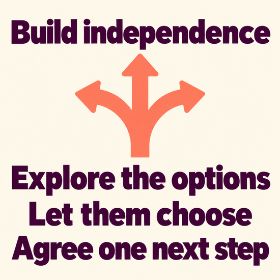 Build independence how to be a good mentor - Infographic titled “Build independence”, with a coral path branching into three arrows. Text: “Explore the options. Let them choose. Agree one next step.”