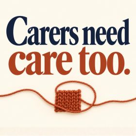 Infographic on caring for someone with dementia and cancer. Large navy and rust lettering reads “Carers need care too.” Beneath it, a rust-coloured thread loops around a small knitted patch.