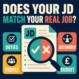 “Does your JD match your real job?” A magnifying glass examines a job description alongside duties, autonomy, people and budget.