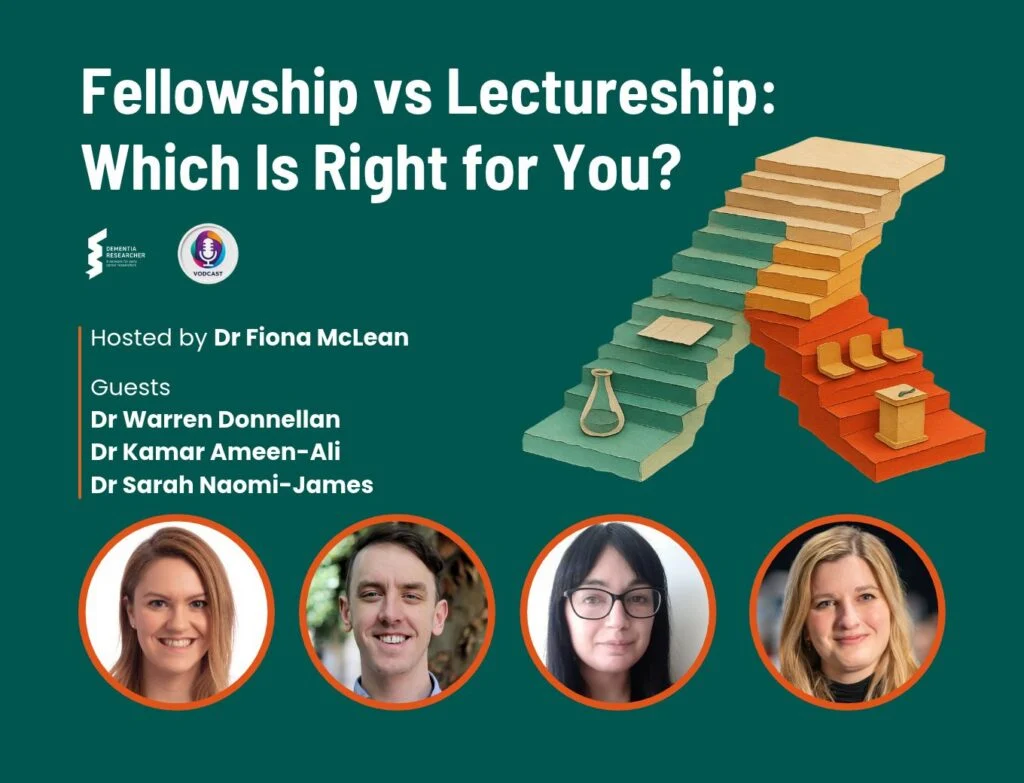 Podcast cover for 'Fellowship vs Lectureship: Which Is Right for You?' hosted by Dr Fiona McLean with guests Dr Warren Donnellan, Dr Kamar Ameen-Ali and Dr Sarah Naomi-James, showing their photos in circles on a dark green background beside a paper-cut illustration of two staircases, one with a laboratory flask and one with a lectern.