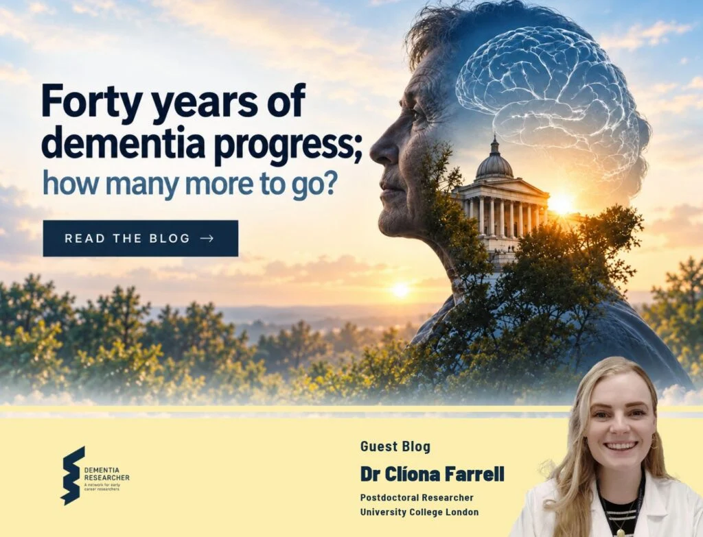 Double-exposure image of an older person in profile against a sunrise sky, with a glowing brain, a domed neoclassical university building and trees blended into the silhouette above a wooded landscape. Title reads "Forty years of dementia progress; how many more to go?". Portrait of Dr Clíona Farrell, Postdoctoral Researcher, University College London.