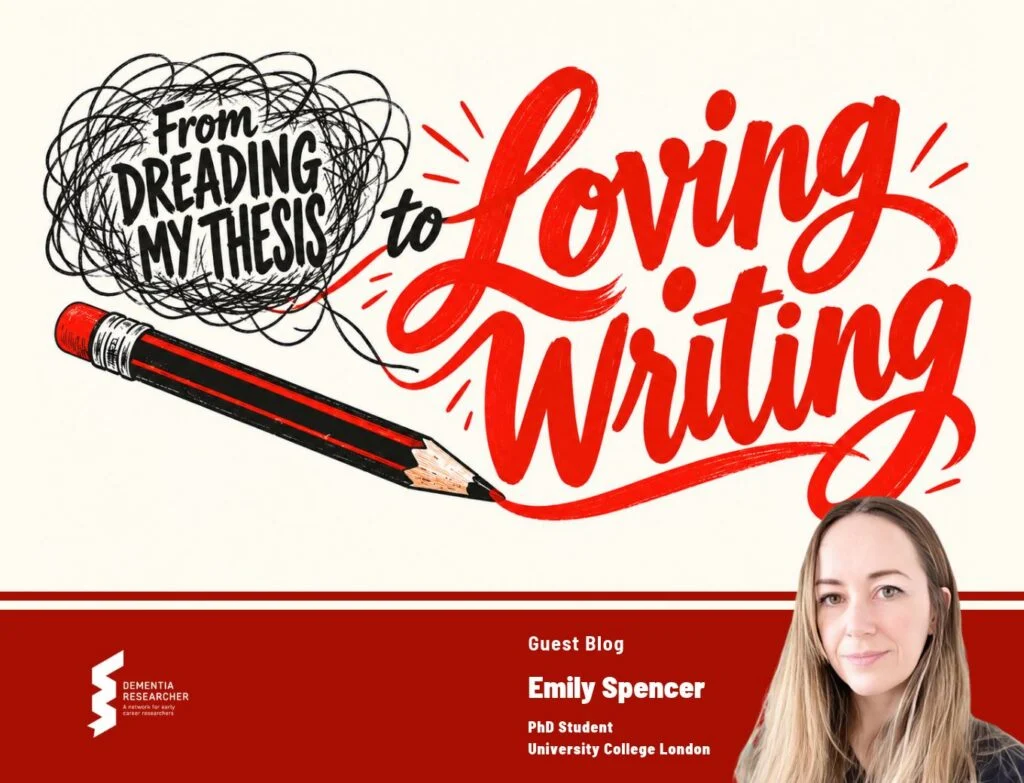 From Dreading My Thesis to Loving Writing blog by Emily Spencer 1360 x 1040 px Illustration about academic writing: the words "From dreading my thesis" sit inside a tangled black scribble, which a red and black pencil unravels into a flowing line of red script reading "to loving writing". Below, a red banner with the Dementia Researcher logo reads "Guest Blog, Emily Spencer, PhD Student, University College London", beside a portrait of Emily smiling, with long fair hair.