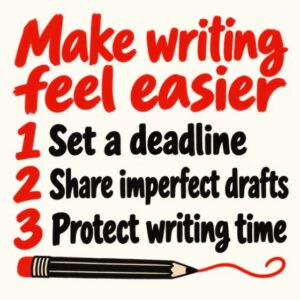 From dreading my thesis to loving writing 3 tips Red-and-black lettering on cream reads “Make writing feel easier”, followed by three numbered tips: set a deadline, share imperfect drafts, and protect writing time. A pencil underlines the design.