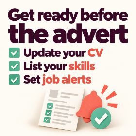 Checklist titled “Get ready before the advert”: update your CV, list your skills and set job alerts. Illustrated with a paper CV, notification bell and mint tick.