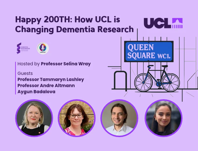 Promotional poster for a UCL dementia research event: 'Happy 200TH: How UCL is Changing Dementia Research' with UCL and Queen Square WCI branding on a purple background, a bicycle illustration, and four circular headshots of guest speakers at the bottom.