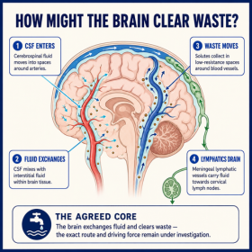Square infographic showing a cutaway brain with cerebrospinal fluid entering spaces around arteries, exchanging with interstitial fluid, carrying solutes into perivascular spaces and draining through meningeal lymphatic vessels towards cervical lymph nodes. It notes that the exact route and driving force remain under investigation.